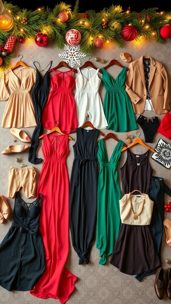 A collection of stylish Christmas party outfits including dresses, jumpsuits, and accessories on a festive background.